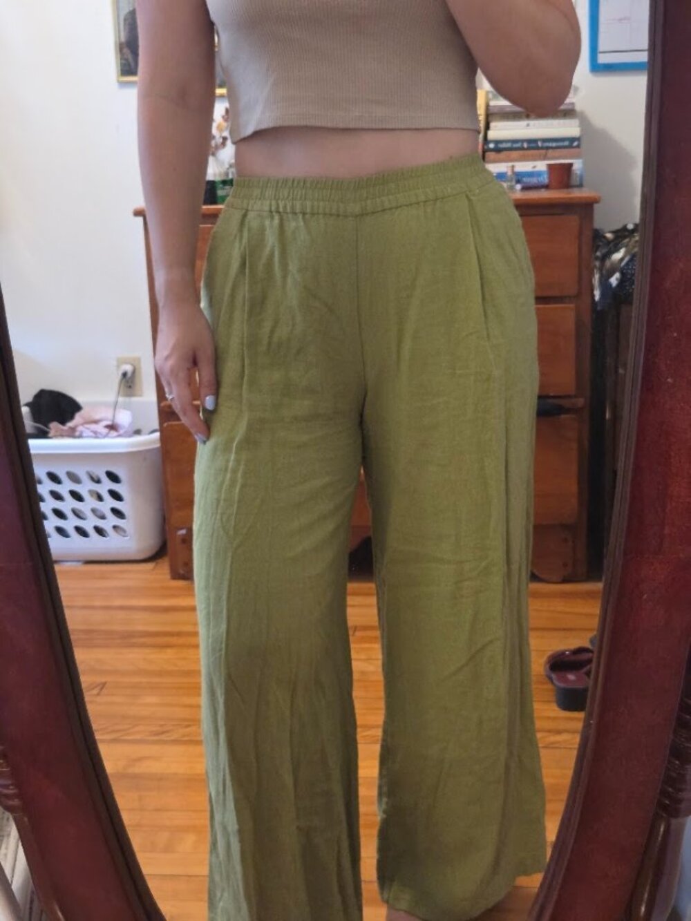 Chartreuse green linen wide leg Zara trousers with pockets small/medium